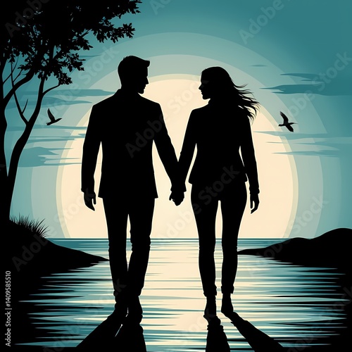 Silhouette of couple holding hands by the water at moonlight  
