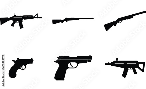 Firearms Vector Collection – Gun and Weapon Illustration Set  like action Rifle, Bolt action Rifle, Pump action Shotgun, Semi automatic Pistol, Automatic Rifle and Hand Cannon