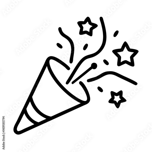Party horn with confetti and stars bursting in celebration  