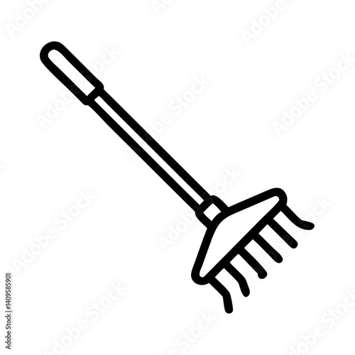 Gardening rake icon for landscaping tasks in outline style  
