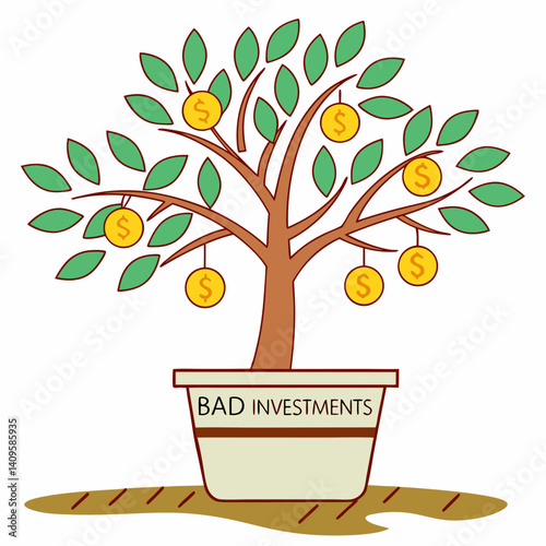 Money tree growing in a pot labeled bad investments