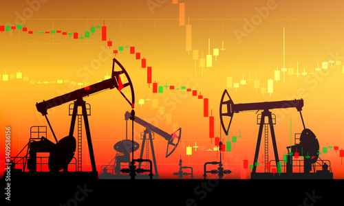 Falling price. Pumpjack on oil price chart, financial data. Land crude oil drilling rig, derrick, pump jack. Price per barrel. Onshore production, industry, business. Silhouette, desert. Vector
