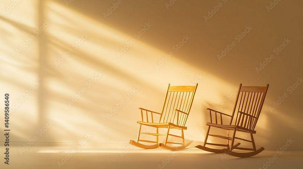 A serene International Day of the Elderly background with softly glowing rocking chairs and gentle light beams over a warm beige gradient, macro shot, Minimalist style