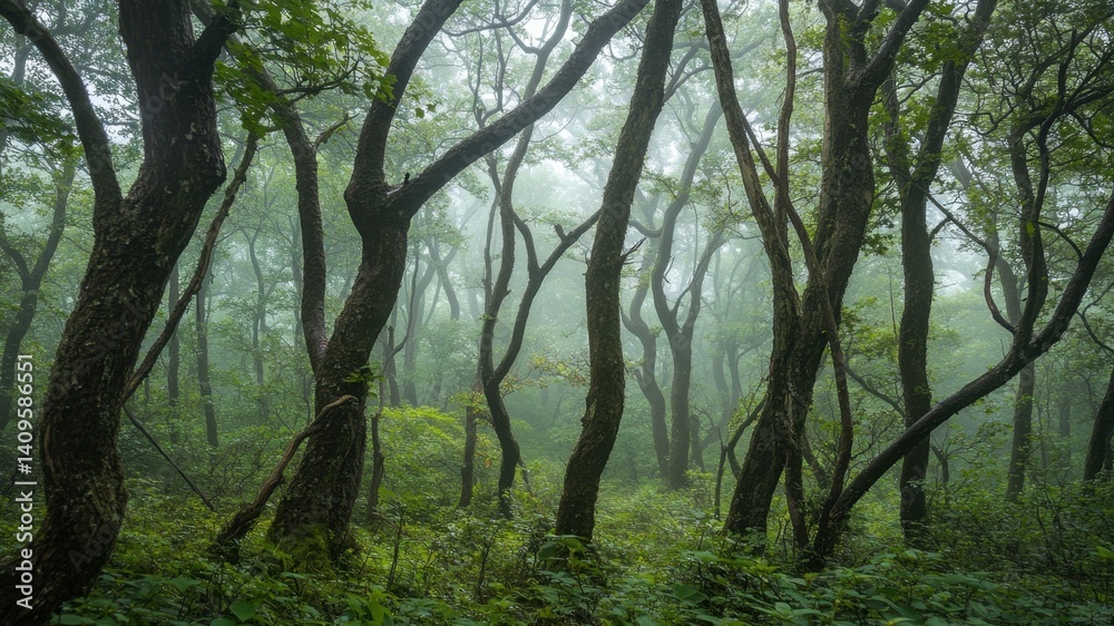 Naklejka premium A misty forest scene with lush greenery and towering trees in a natural setting.