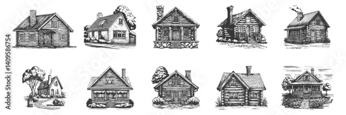 Vintage Cottage And Cabin Illustrations Set. Rustic Architecture And Countryside Living In Hand Drawn Sketch Style. Isolated Vector Illustration