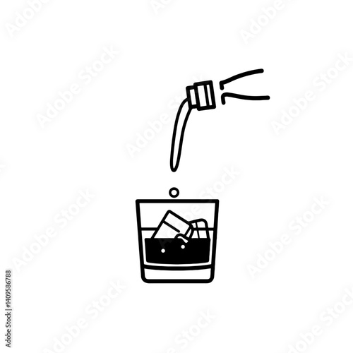 Pouring drink into glass with ice icon in black and white style