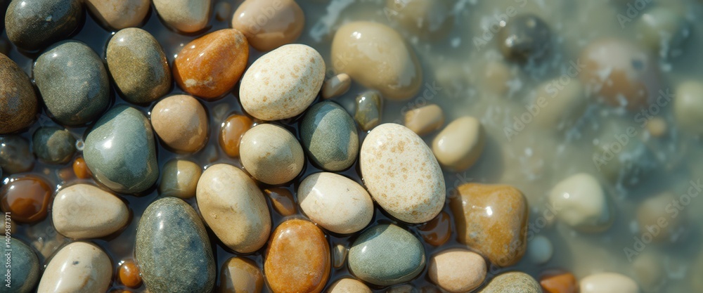 Polished Beach Stones in Shallow Water under Sunlight