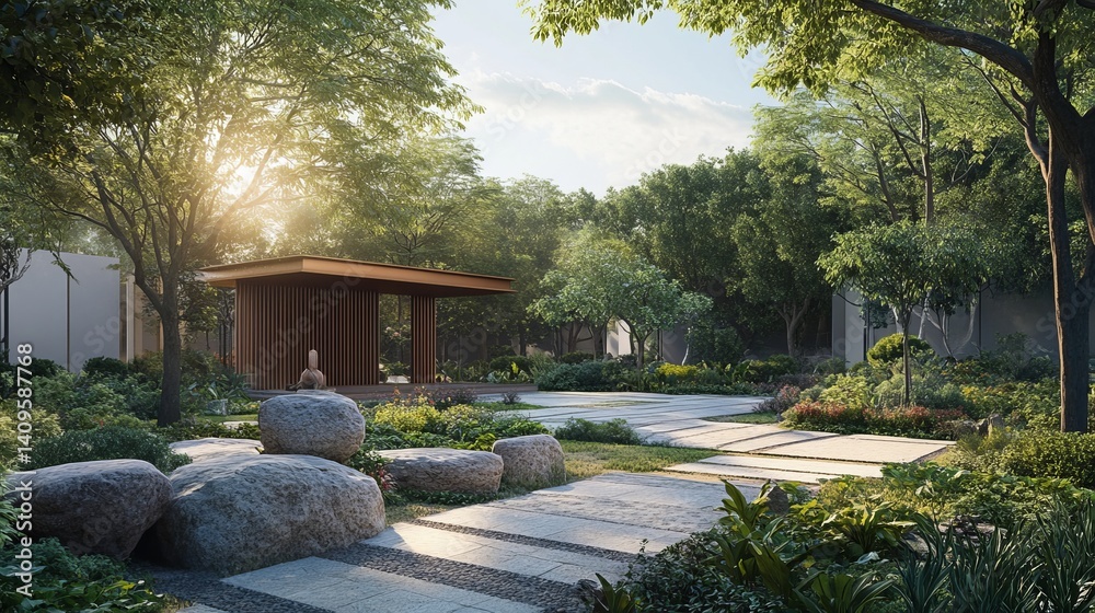 Serene garden landscape design with modern pavilion peaceful zen atmosphere tranquil nature setting Serene garden landscape design with modern pavilion peaceful zen atmosphere tranquil nature setting