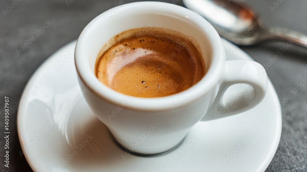 A close up of espresso in a white cup, dark and foamy, with a spoon. A close up of espresso in a white cup, dark and foamy, with a spoon.