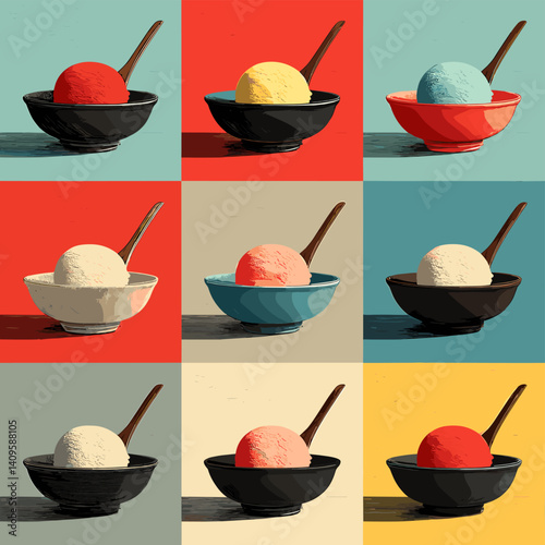 Colorful vector illustration of ice cream scoops in bowls with spoons, arranged in a pop-art grid style with bold backgrounds and minimalist shadows