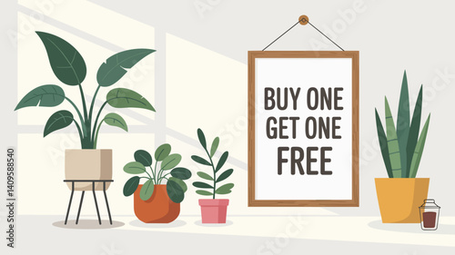 Garden center sale showcasing plants with a promotional sign  