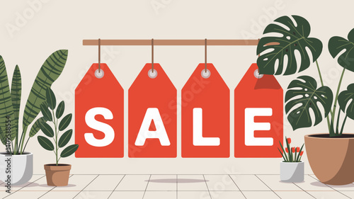 Garden Center Sale with Red Tags and Indoor Plants  