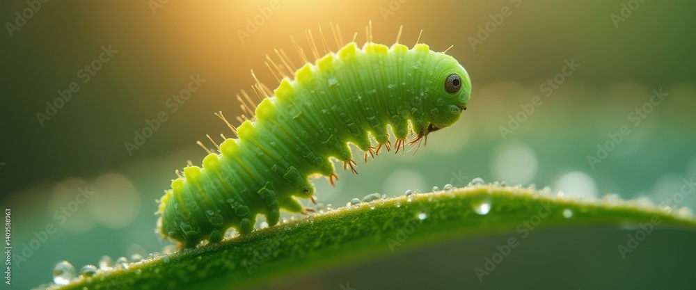 Naklejka premium Vivid macro shot of a bright green caterpillar crawling on a dewy leaf in golden morning light, showcasing its intricate texture a