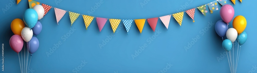 Colorful party decorations featuring vibrant balloons and festive bunting on a bright blue backdrop, perfect for celebrations and cheerful events.