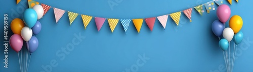 Obraz na płótnie Colorful party decorations featuring vibrant balloons and festive bunting on a bright blue backdrop, perfect for celebrations and cheerful events. w salonie