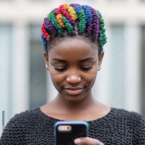 Obraz na płótnie Young woman with vibrant multicolored hair checking her smartphone, showcasing modern hairstyle trends and technology use in urban life w salonie