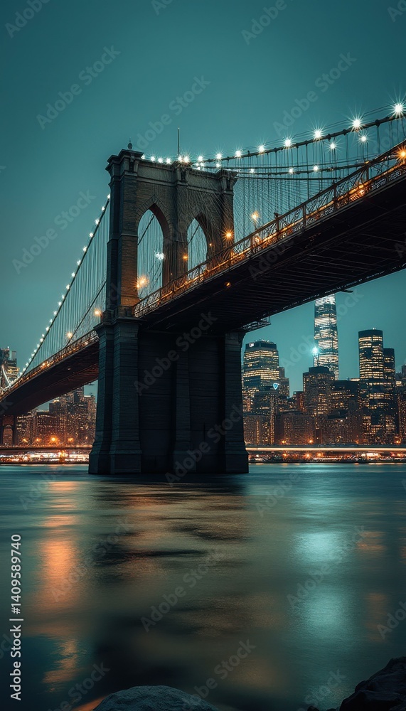 Fototapeta premium Imposing arched architecture spans the cityscape, the waterfront reflecting the light in the dusk