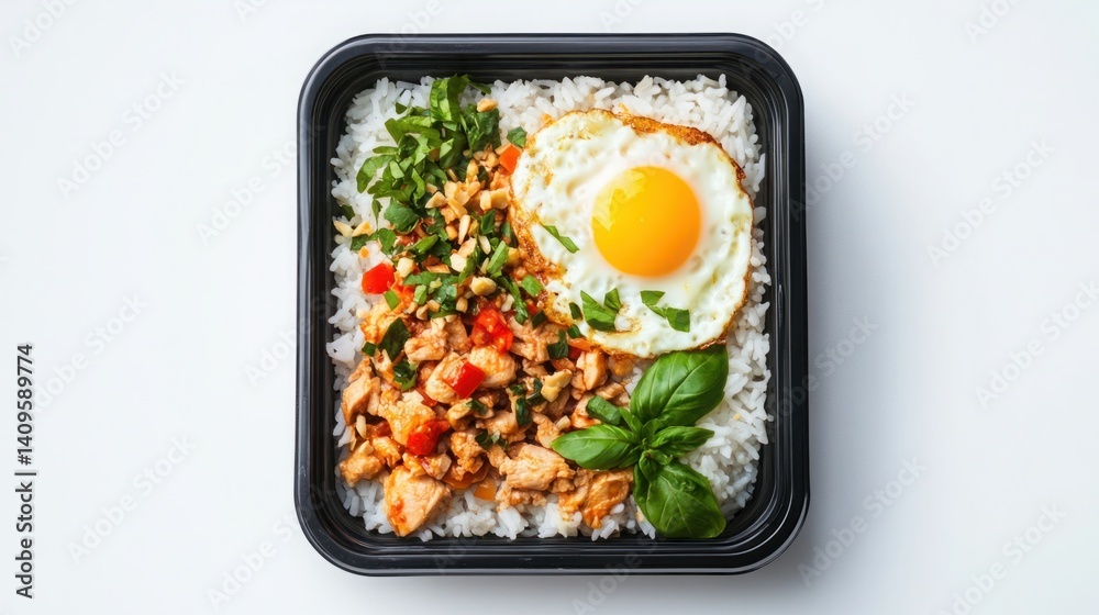 Delicious meal with chicken, fried egg and fresh herbs served on fluffy white rice in a black takeout container for food photography