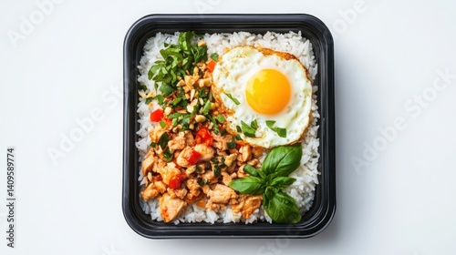 Obraz na płótnie Delicious meal with chicken, fried egg and fresh herbs served on fluffy white rice in a black takeout container for food photography w salonie