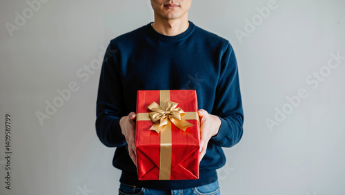 Man giving wrapped gift with smile