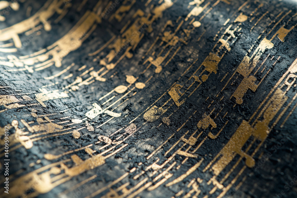 Naklejka premium Golden Music Notes on Dark Textured Surface Elegant and Mysterious Design