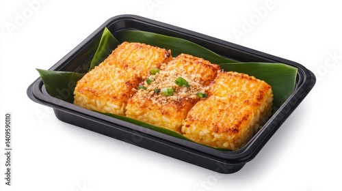 Deliciously Grilled Rice Cake with Crispy Texture and Tasty Garnish in a Black Takeout Container Surrounded by Green Leaf