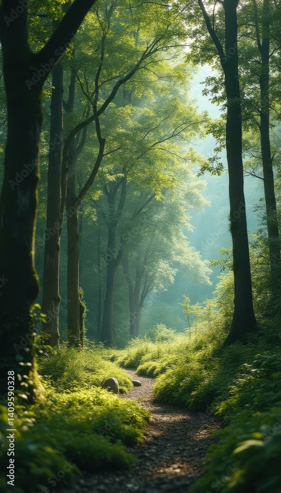 Obraz premium Enchanted Forest Path: Sunlight Filtering Through Lush Green Canopy, Tranquil Woodland Scene