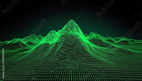 An abstract digital terrain made of wireframe mountains glowing with green matrix-like code, set against a dark horizon.
