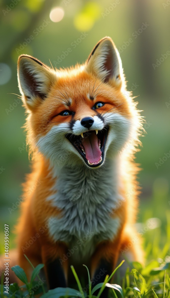 Fototapeta premium An expressive red fox captured in a sunny forest setting, displaying a cheerful open mouth, with detailed fur and blue eyes shinin