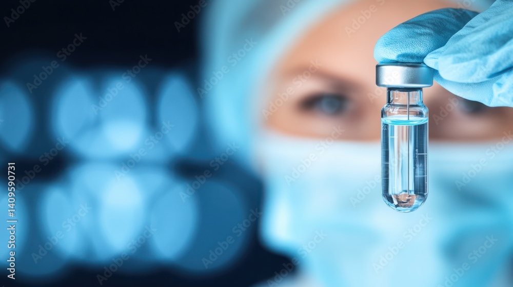Medical professional in protective gear holding a glass vial with clear liquid, representing healthcare, research, and laboratory settings, blurred background