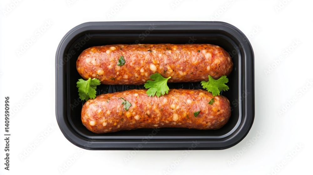 Freshly Made Sausages with Herbs on White Background in a Black Tray, Ideal for Culinary, Food Presentation, or Recipe Photography Use