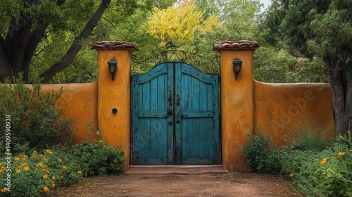 Southwestern charm: Turquoise gate amidst vibrant stucco and lush foliage