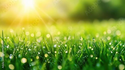 Dew-kissed grass field bathed in morning sunlight.