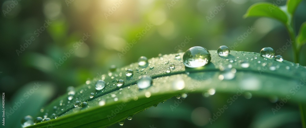 Dew drops clinging to a vibrant green leaf in the soft morning light, sparkling with clarity Dew drops clinging to a vibrant green leaf in the soft morning light, sparkling with clarity