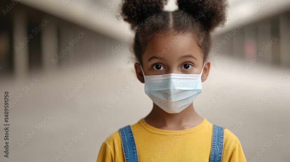 Young girl with curly hair wearing a protective mask in an empty hallway, promoting health safety and awareness during pandemic situations