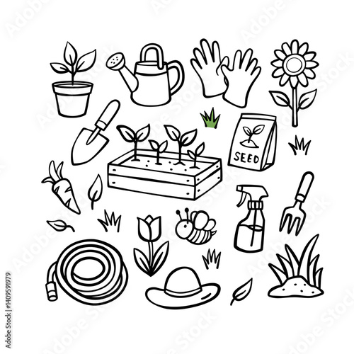 Set of Handdrawn Outline Garden Doodle Set with Tools, Plants, Flowers, and Farming Elements
