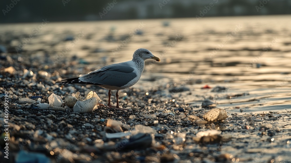 A seagull stands on a shore littered with trash, reflecting environmental pollution and the impact of waste on marine life.