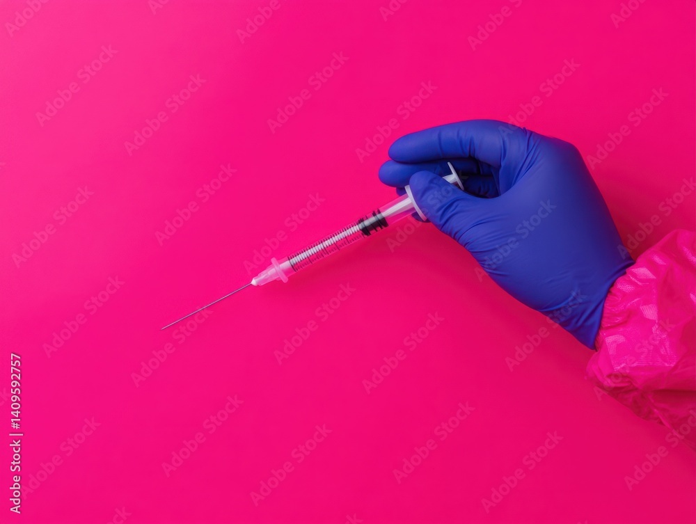 Hand in Medical Glove Holding Syringe on Bright Pink Background for Healthcare, Vaccination, and Medical Conceptual Imagery Usage