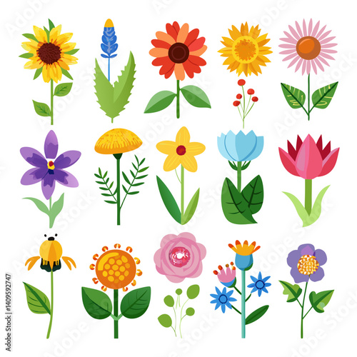Colorful Floral Illustration with Sunflowers, Tulips, and More