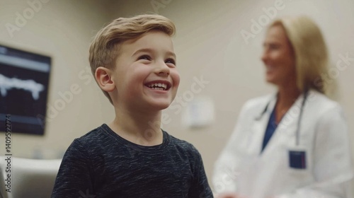 Happy young boy smiling during a visit to a medical office with attentive healthcare professional in the background emphasizing child care and wellness