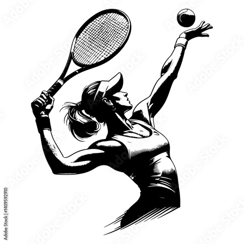 Female Tennis Player Serving The Ball, Black And White Tennis Silhouette