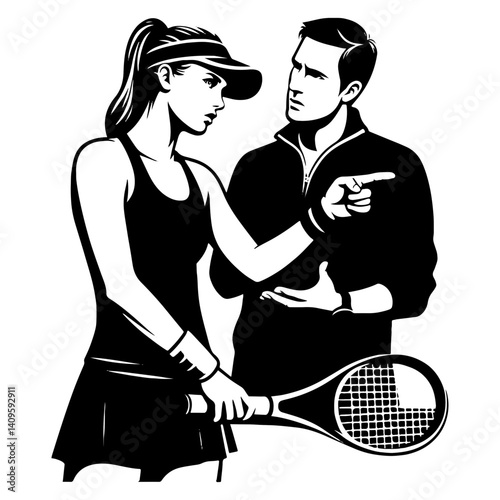 Female Tennis Player Talking With A Coach, Black And White Tennis Silhouette