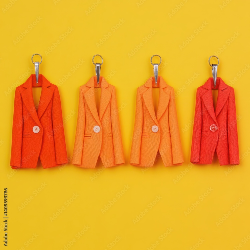 Colorful Fashion Blazers Hanging on Clips Against Bright Yellow Background Showcasing Vibrant Style and Modern Design for Trendy Wardrobe Inspiration