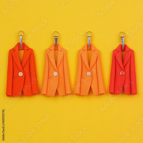 Obraz na płótnie Colorful Fashion Blazers Hanging on Clips Against Bright Yellow Background Showcasing Vibrant Style and Modern Design for Trendy Wardrobe Inspiration w salonie