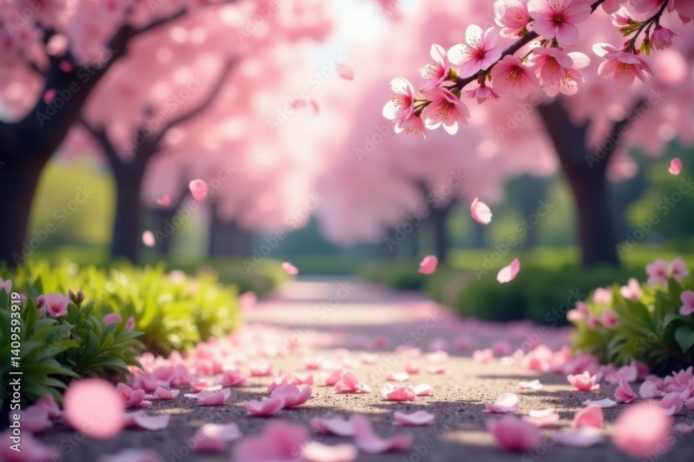 Fototapeta premium Soft pink sakura petals gently falling in a serene garden scene with blooming cherry blossoms and lush greenery, nature, spring