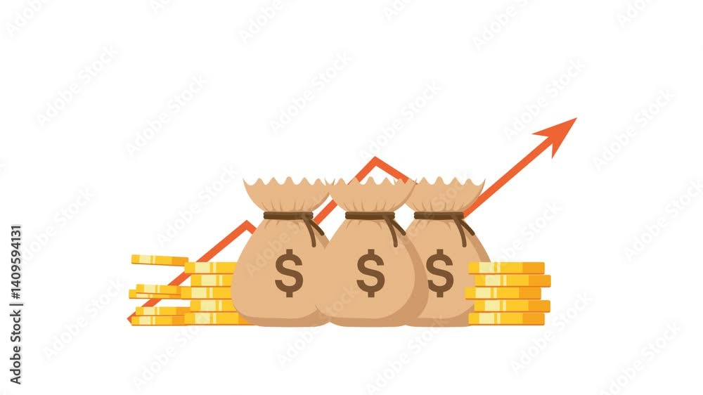 4k animation of Financial Growth Concept with Money Bags and Rising Arrow