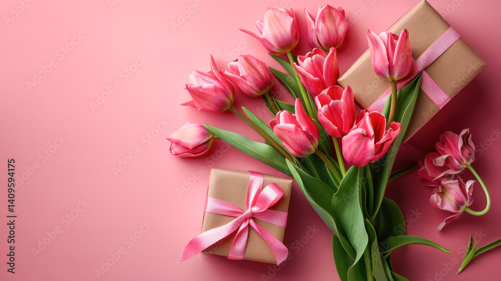 Fototapeta premium bouquet of tulips on pink background with copy space