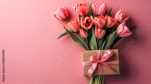 bouquet of tulips on pink background with copy space