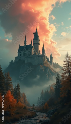 Majestic castle atop a misty mountain at twilight, with autumnal forest and a winding river in the foreground, creating a serene f