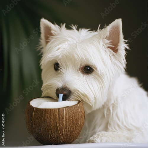 Adorable small white dog drinking coconut milk from a coconut shell in a bright and cozy indoor setting, showcasing the joy of pets with tropical treats